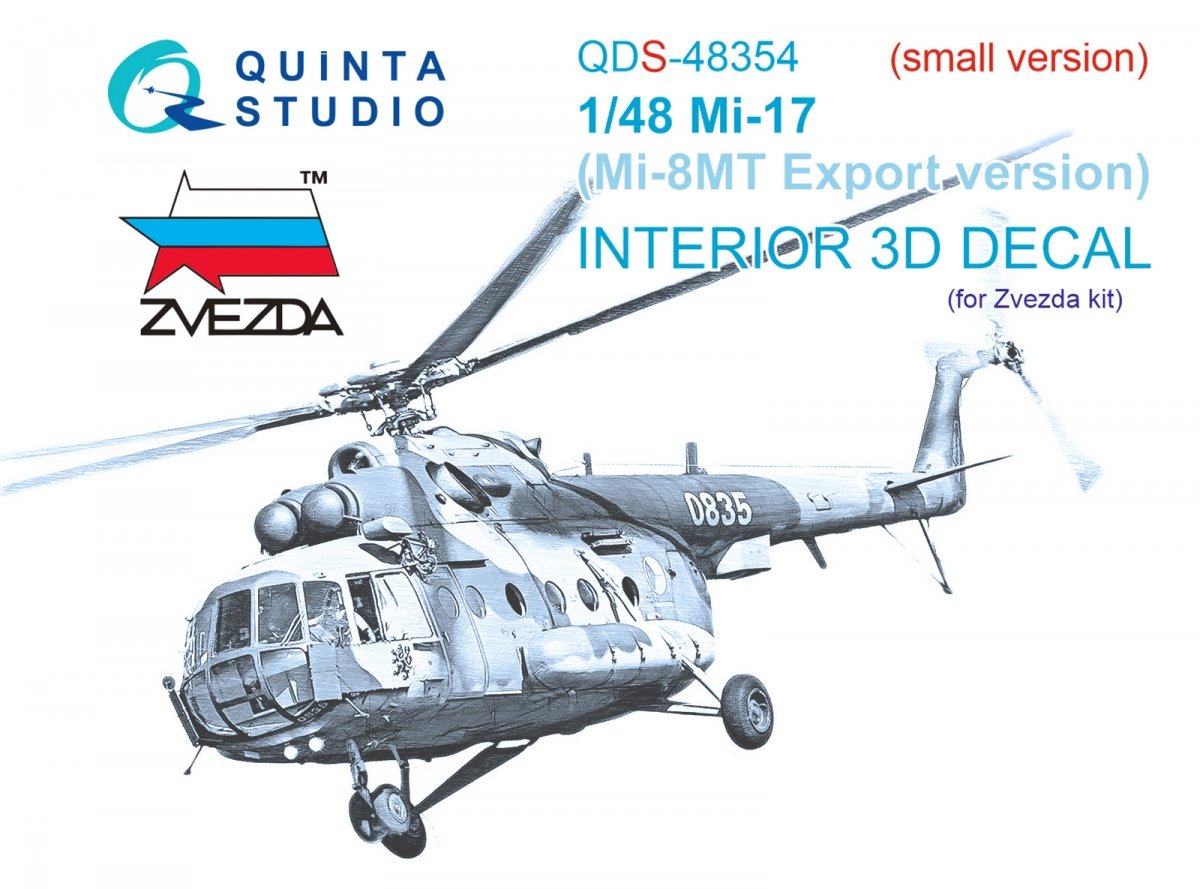 Intérieur imprimé en 3D et coloré sur papier décalcomanie (Zvezda) pour le Mi-17 (Mi-8MT version export) de Quinta Studio QDS-48354 (petite version) à l'échelle 1/48