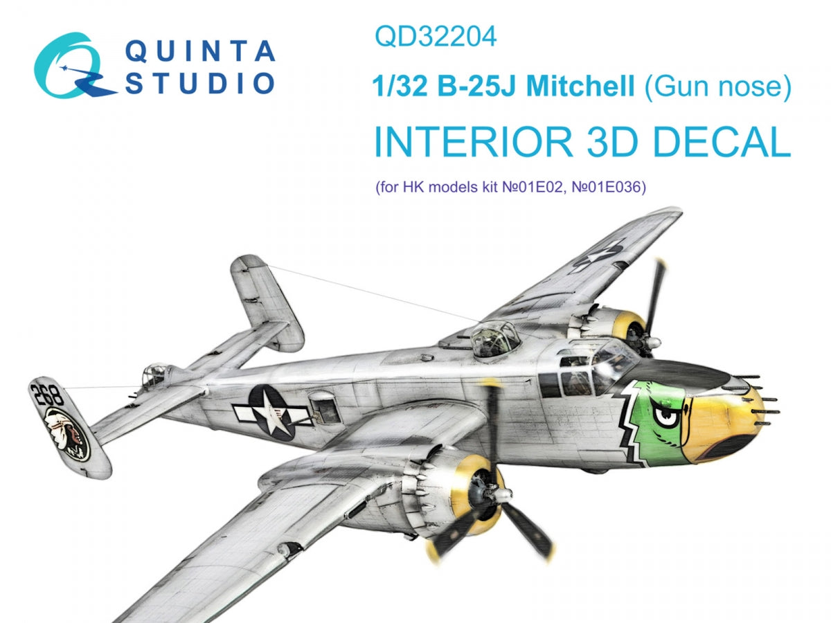 Quinta Studio QD32204 B-25J Mitchell Gun nose 3D-Printed &amp; colored Interior on decal paper (HK models) 1/32