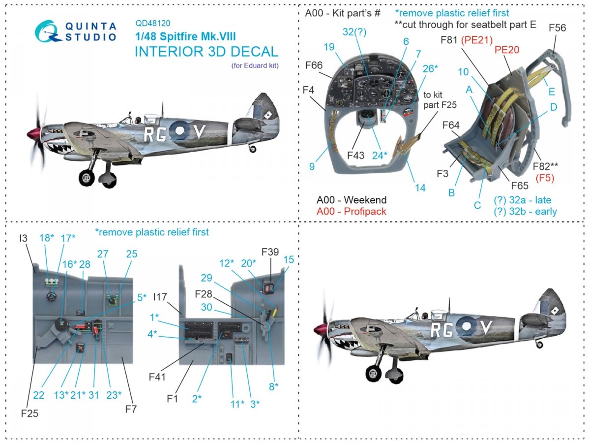Quinta Studio QD48120 Spitfire Mk.VIII 3D-Printed &amp;amp; coloured Interior on decal paper (Eduard) 1/48 – Bild 12