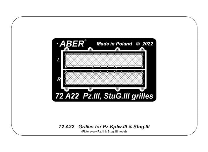 Aber 72A22 Siatki do Czołgu Pz.Kpfw.III i działa Stug.III / Grills for Pz.Kpfw. III & StuG III 1/72