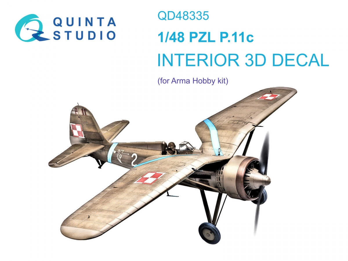 Quinta Studio QD48335 PZL P.11c 3D-Printed &amp; colored Interior on decal paper (Arma Hobby) 1/48