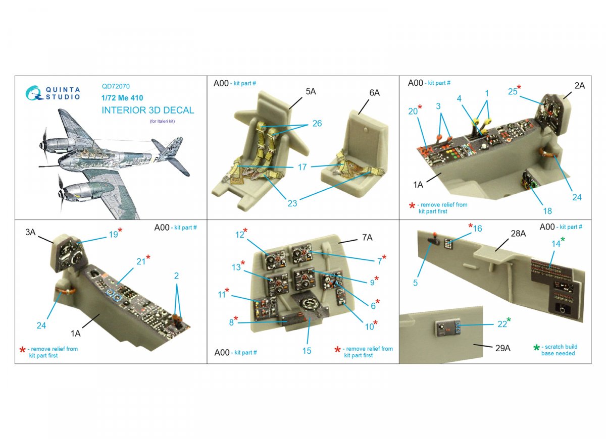 Quinta Studio QD72070 Me 410 3D-Printed &amp;amp; coloured Interior on decal paper (Italeri) 1/72 – imagen 2