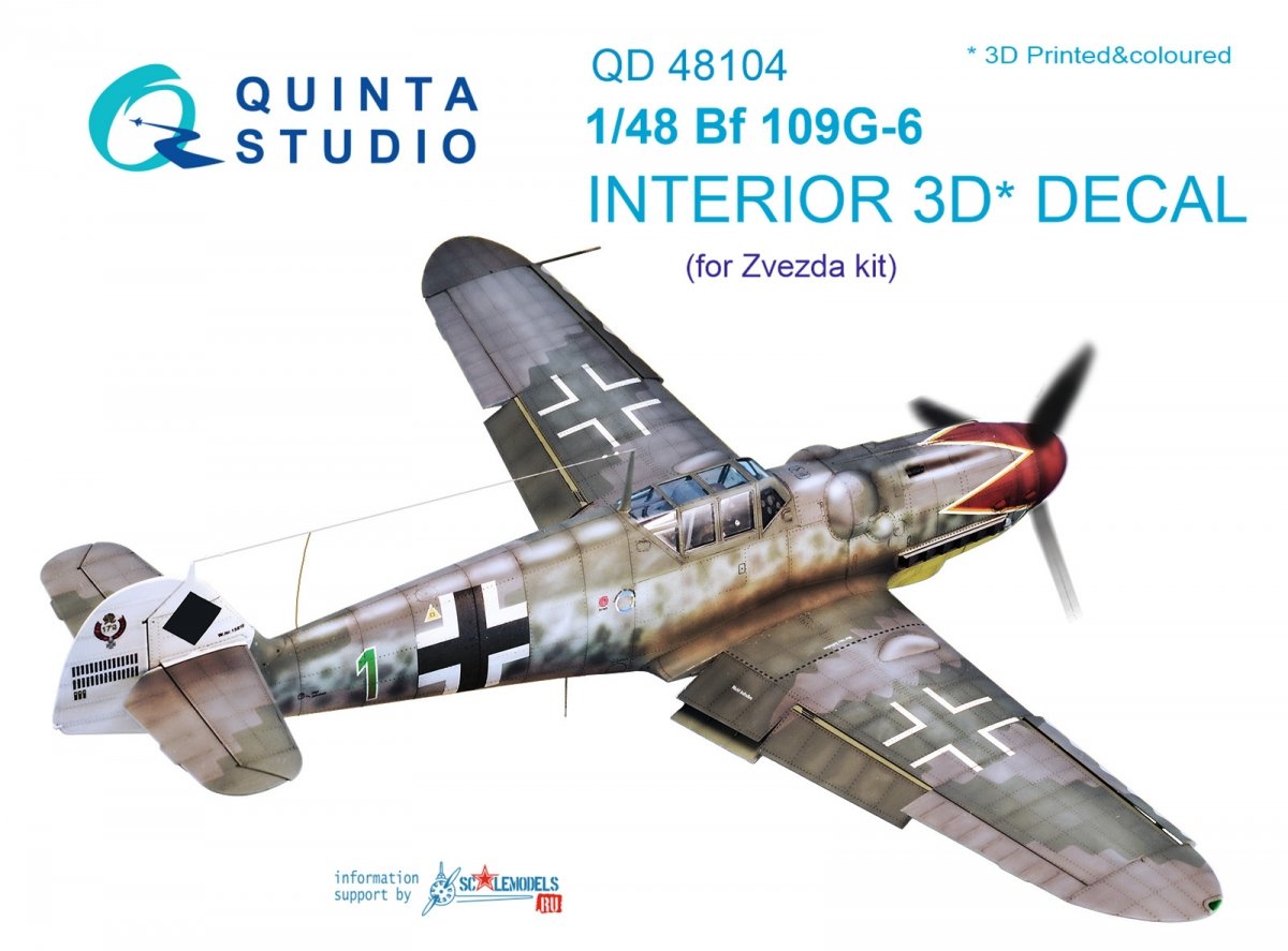 Quinta Studio QD48104 Bf 109G-6 3D-Printed &amp;amp; coloured Interior on decal paper (for Zvezda kit) 1/48