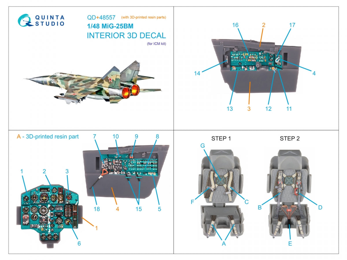 Quinta Studio QD+48557 MiG-25BM 3D-Printed &amp;amp; coloured Interior on decal paper (ICM) (with 3D-printed resin parts) 1/48 – immagine 12