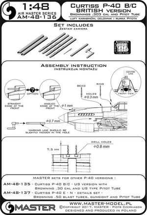 Master AM-48-136 Curtiss P-40 B/C Tomahawk II - wersja UK - lufy karabinów Browning .30 cal i brytyjska wersja Rurki Pitota 1/48 – immagine 4