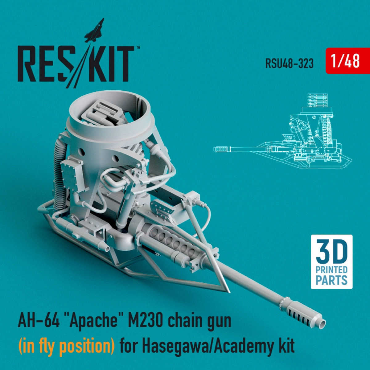 RESKIT RSU48-0323 AH-64 &amp;quot;APACHE&amp;quot; M230 CHAIN ​​GUN (IN FLY POSITION) FOR HASEGAWA/ACADEMY KIT (3D PRINTED) 1/48