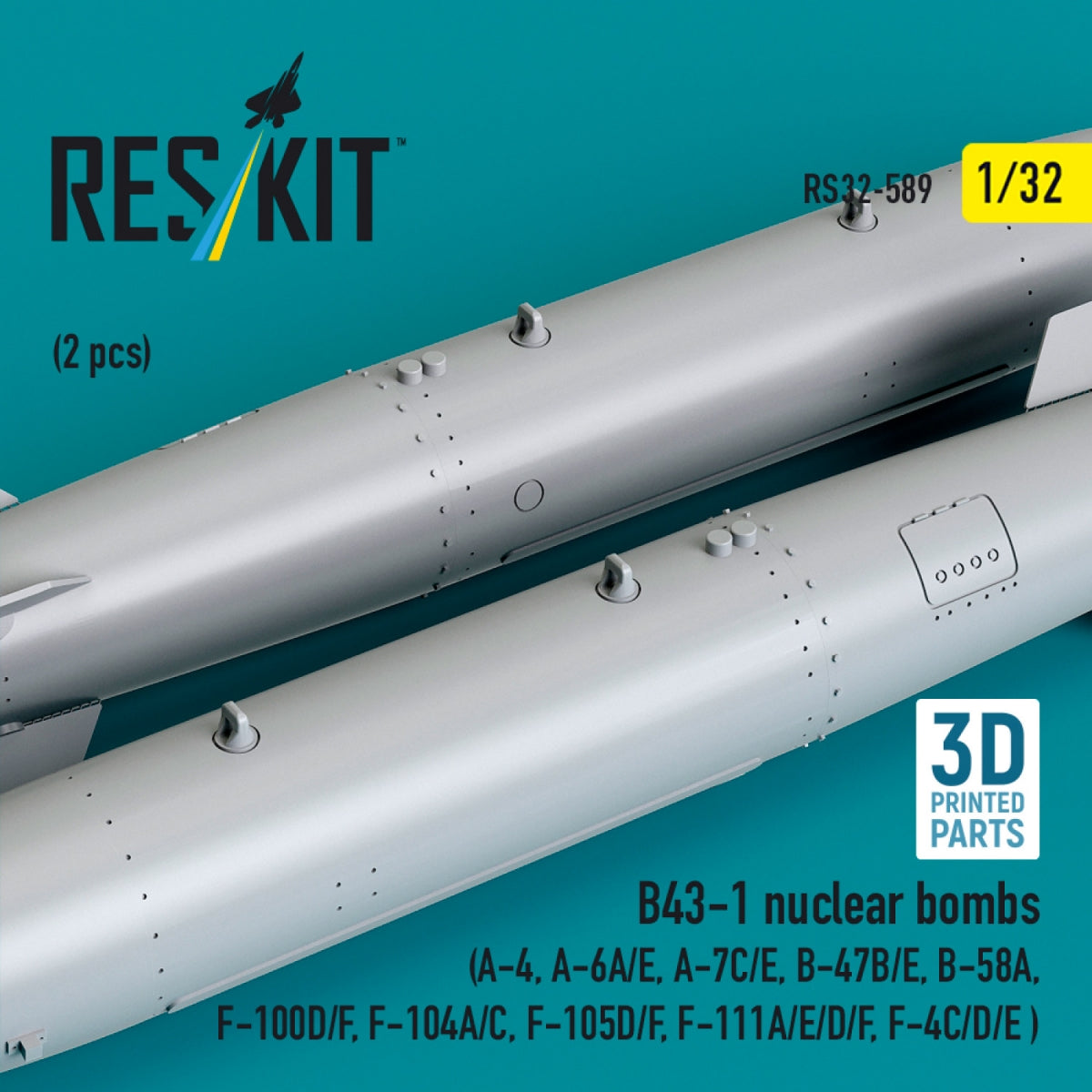 RESKIT RS32-0589 B43-1 nuclear bombs (2 pcs) (A-4, A-6A/E, A-7C/E, B-47B/E, B-58A, F-100D/F, F-104A/C, F-105D/F, F-111A/D/E/F, F-4C/D/E ) (3D Printed) 1/32