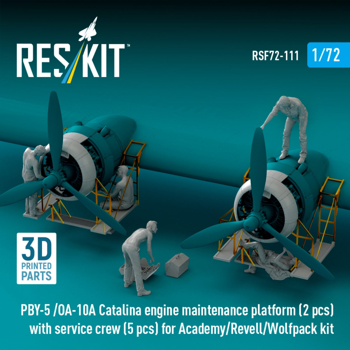 RESKIT RSF72-0111 PBY-5 /OA-10A Catalina engine maintenance platform (2 pcs) with service crew (5 pcs) for Academy/Revell/Wolfpack kit (3D Printed) 1/72