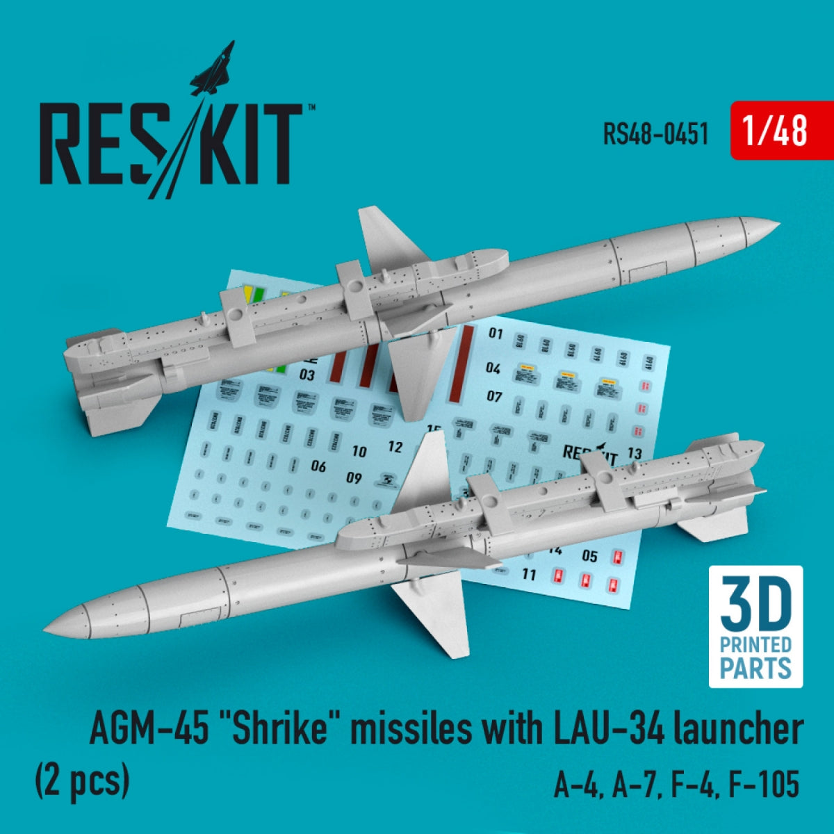 RESKIT RS48-0451 MISSILES AGM-45 « SHRIKE » AVEC LANCEUR LAU-34 (2 PIÈCES) (IMPRIMÉ EN 3D) 1/48