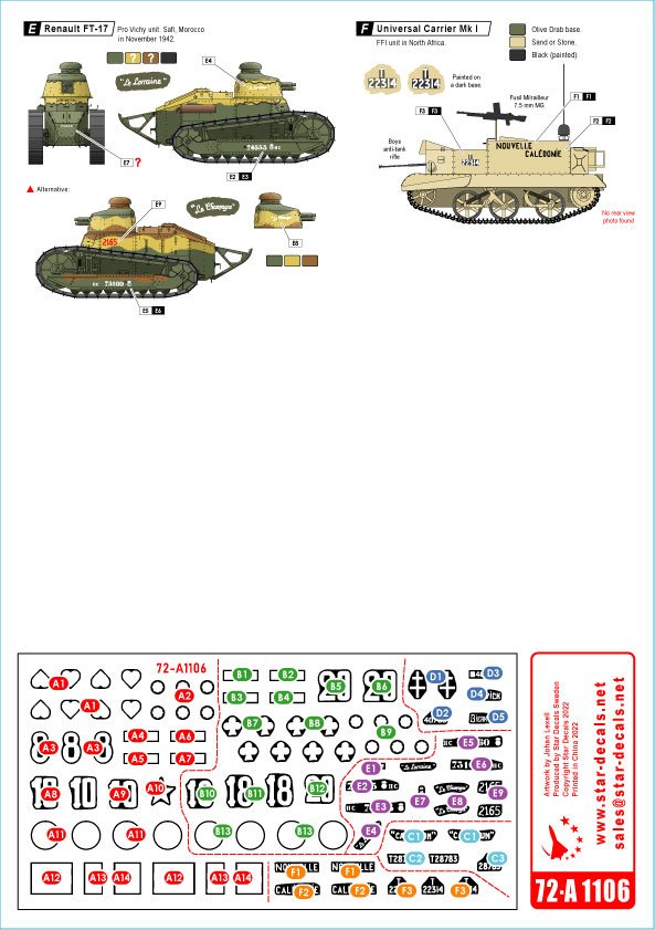 Star Decals 72-A1106 French Fighting Vehicles in Africa # 1 Vichy France and the FFL - Forces Francaises Libres 1/72 – zdjęcie 2