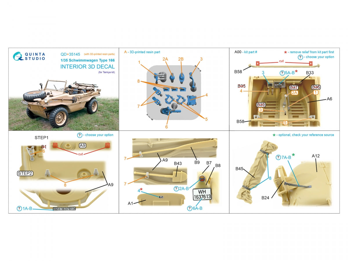 Quinta Studio QD+35145 Schwimmwagen Type 166 3D-Printed &amp;amp; coloured Interior on decal paper (Tamiya) (with 3D-printed resin parts) 1/35 – imagen 14