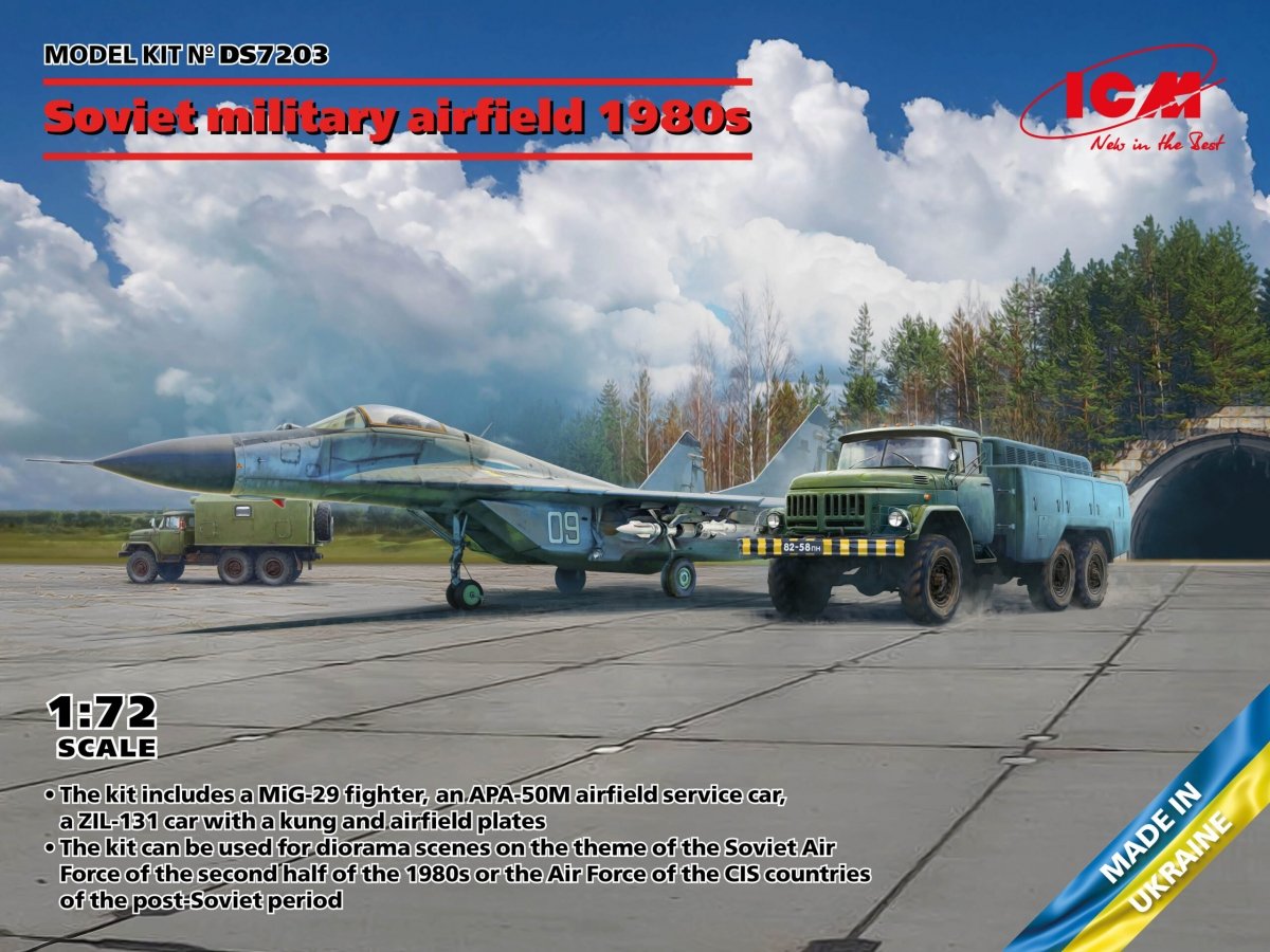 ICM DS7203 Aérodrome militaire soviétique des années 1980 (Mikoyan-29 « 9-13 », APA-50M (ZiL-131), véhicule de commandement ZiL-131 et plaques d'aérodrome soviétiques PAG-14) 1/72