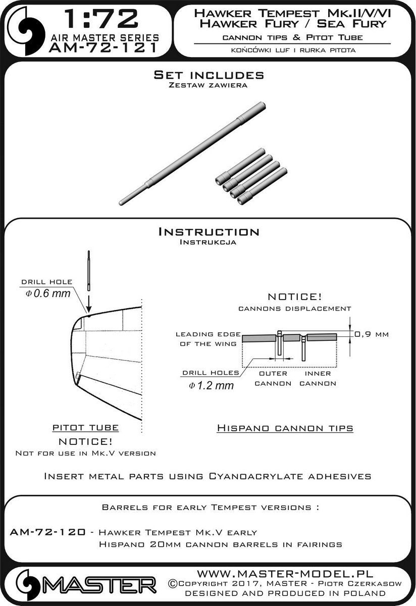 Master AM-72-121 Hawker Tempest Mk.II/V/VI i Hawker Fury/Sea Fury - końcówki luf Hispano Mk.V i Rurka Pitota 1/72 – imagen 4