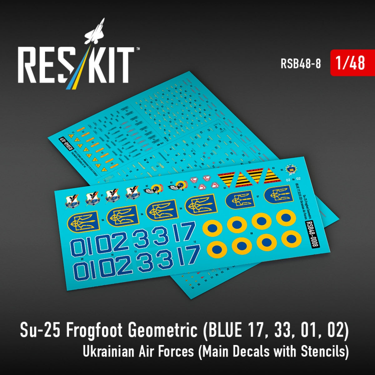 RESKIT RSB48-0008 Su-25 Frogfoot Geometric (BLUE 17, 33, 01, 02) Ukrainian Air Forces (Main Decals with Stencils)1/48