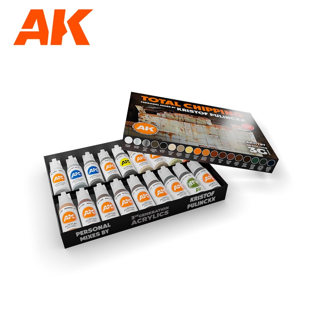 AK Interactive AK11767 SIGNATURE SET – TOTAL CHIPPING – KRISTOF PULINCKX PAINT SET 18x17 ml – immagine 2