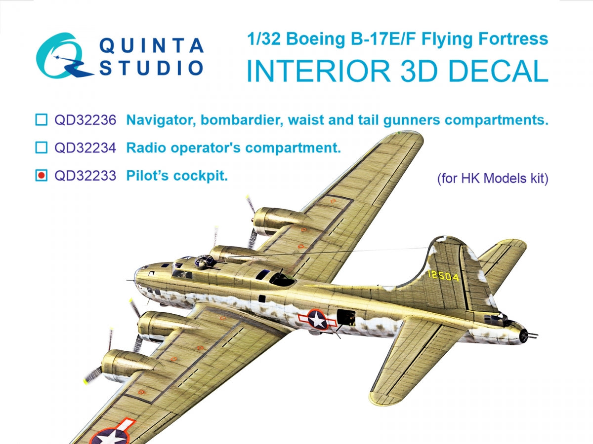 Quinta Studio QD32233 Boeing B-17E/F Pilot&amp;#39;s cockpit. 3D-Printed coloured Interior on decal paper (HK models) 1/32