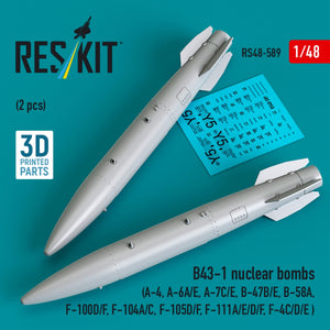 RESKIT RS48-0589 B43-1 nuclear bombs (2 pcs) (A-4, A-6A/E, A-7C/E, B-47B/E, B-58A, F-100D/F, F-104A/C, F-105D/F, F-111A/D/E/F, F-4C/D/E ) (3D Printed) 1/48