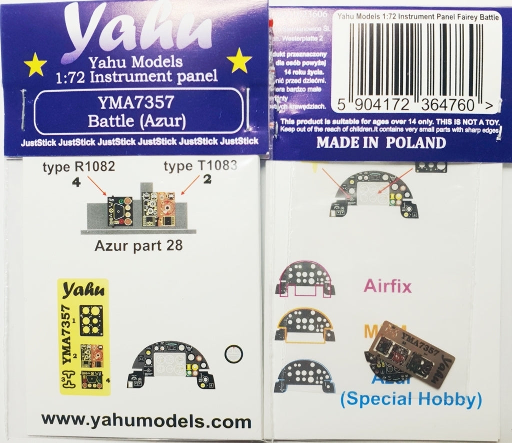 Yahu YMA7357 Fairey Battle Mk.I - Photoetched Instrument Panel (for Airfix, Frrom-Azur, MPM and Special Hobby kits) 1/72