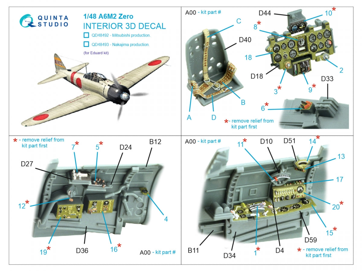 Quinta Studio QD48492 A6M2 Zero Mitsubishi Production 3D-Printed coloured Interior on decal paper (Eduard) 1/48 – immagine 2