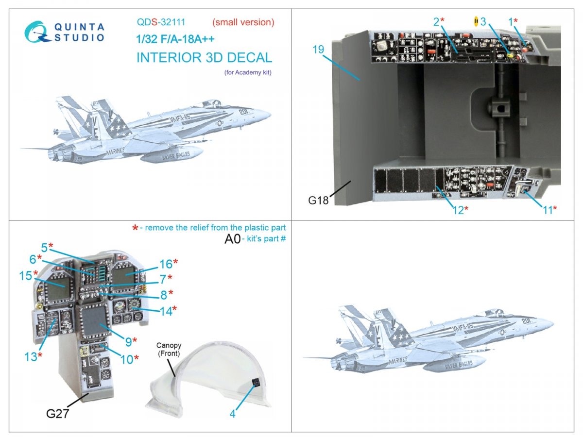 Quinta Studio QDS-32111 F/A-18A++ 3D-Printed &amp;amp; coloured Interior on decal paper (Academy) (Small version) 1/32 – zdjęcie 5