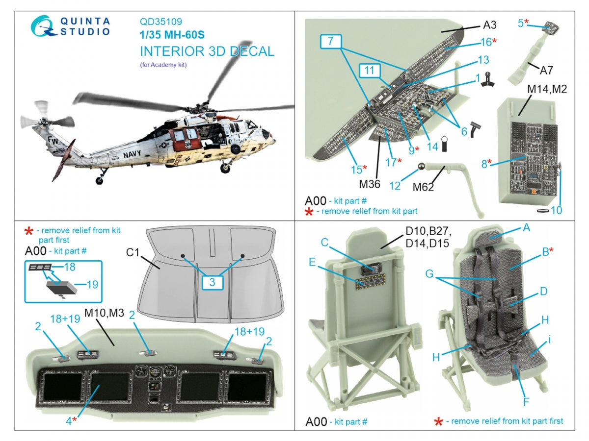 Quinta Studio QD35109 MH-60S 3D-Printed &amp;amp; coloured Interior on decal paper (Academy) 1/35 – imagen 2