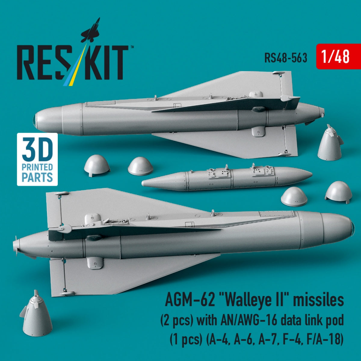 RESKIT RS48-0563 AGM-62 "Walleye II" missiles (2 pcs) with AN/AWG-16 data link pod (1 pcs) (A-4, A-6, A-7, F-4, F/A-18) (3D Printed) 1/48