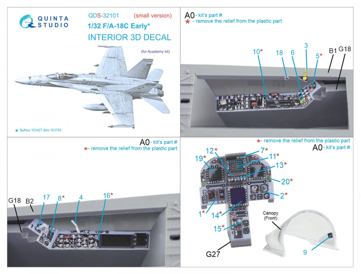Quinta Studio QDS-32101 F/A-18C Early 3D-Printed coloured Interior on decal paper (Academy) (Small version) 1/32 – zdjęcie 2