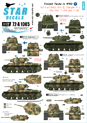 Star Decals 72-A1005 Finnish Tanks in WW2 # 1. KV-1 m/1942, KV-1E, ISU-152, PzKpfw IV Ausf J, T-37A and T-38 1/72