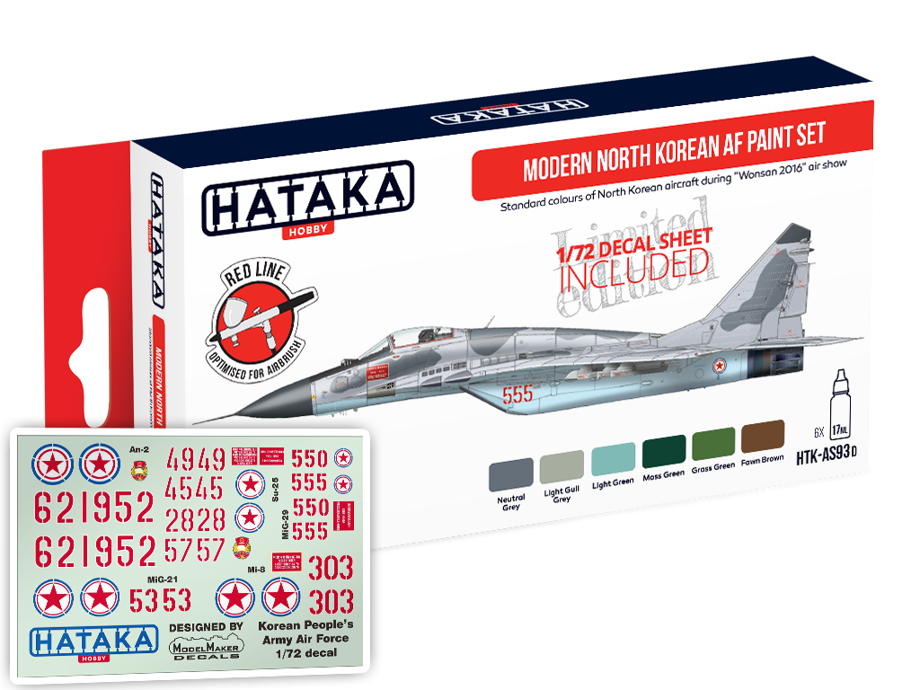 Hataka HTK-AS93d Limited edition - Modern North Korean AF paint set with 1/72 decal sheet (6x17ml)