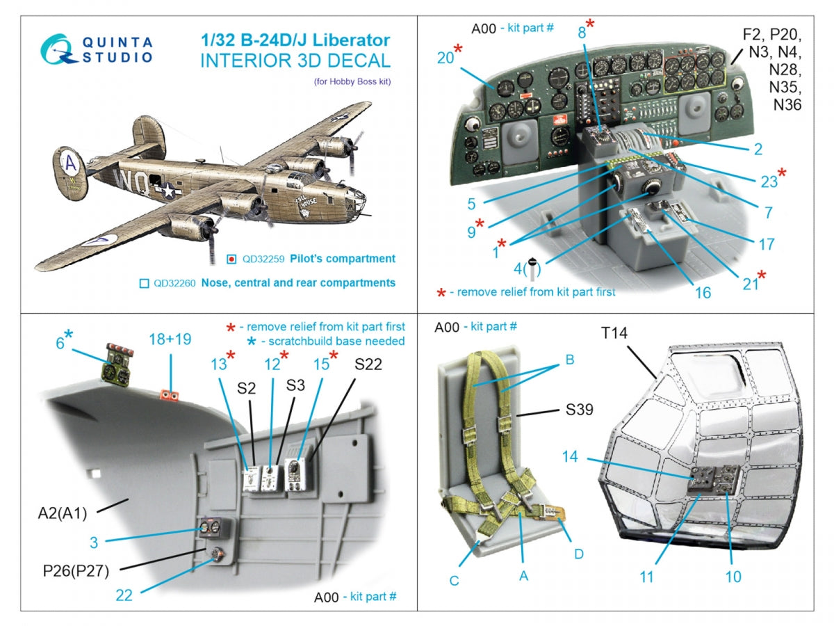 Quinta Studio QD32259 B-24D/B-24J Liberator, Pilot's compartment 3D-Printed &amp; coloured Interior on decal paper (Hobby Boss) 1/32