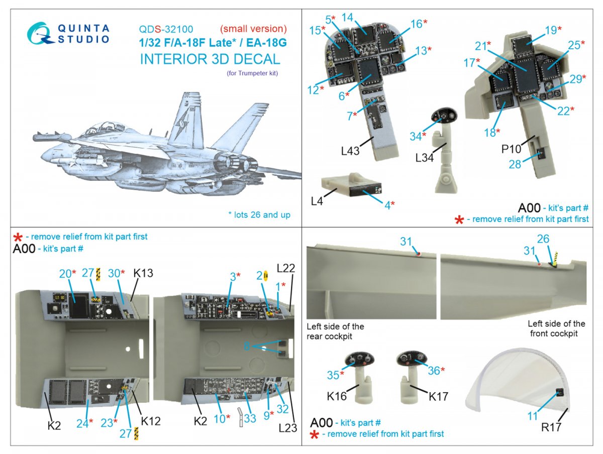 Quinta Studio QDS-32100 F/A-18F late / EA-18G 3D-Printed &amp;amp; coloured Interior on decal paper (Trumpeter) (Small version) 1/32 – immagine 2
