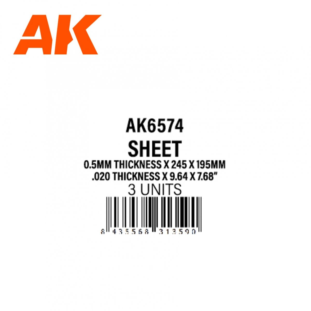 AK Interactive AK6574 0.5MM THICKNESS X 245 X 195MM – STYRENE SHEET – (3 UNITS) – immagine 2