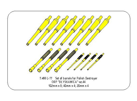 Aber 400 L-11 Set of barrels for Polish Destroyer ORP 102mm x 8; 40mm x 4; 20mm x 4 1/400