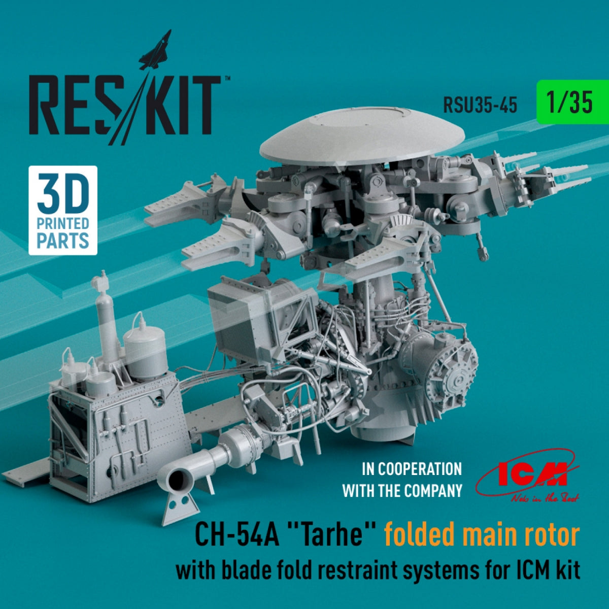 RESKIT RSU35-0045 CH-54A &amp;quot;TARHE&amp;quot; FOLDED MAIN ROTOR WITH BLADE FOLD RESTRAINT SYSTEMS FOR ICM KIT (3D PRINTED) 1/35 – immagine 2