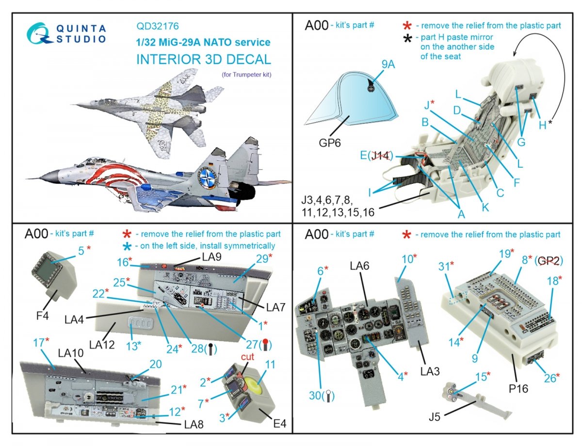 Intérieur imprimé en 3D et coloré sur papier décalcomanie pour MiG-29A de l&amp;#39;OTAN (Trumpeter), par Quinta Studio QD32176, échelle 1/32  – image 8