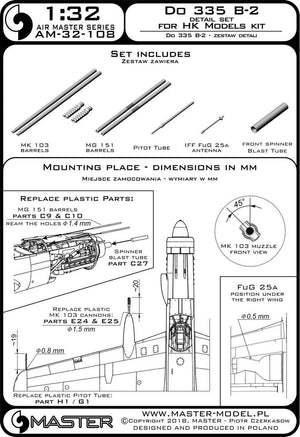 Master AM-32-108 Do 335 B-2 – zestaw detali – MG 151, końcówka MK-103, antena FuG 25a, rurka Pitota (do HK Models) 1/32 – imagen 3