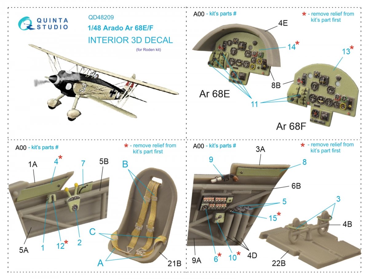 Quinta Studio QD48209 Arado Ar 68 E/F 3D-Printed &amp;amp; coloured Interior on decal paper (Roden) 1/48 – imagen 10