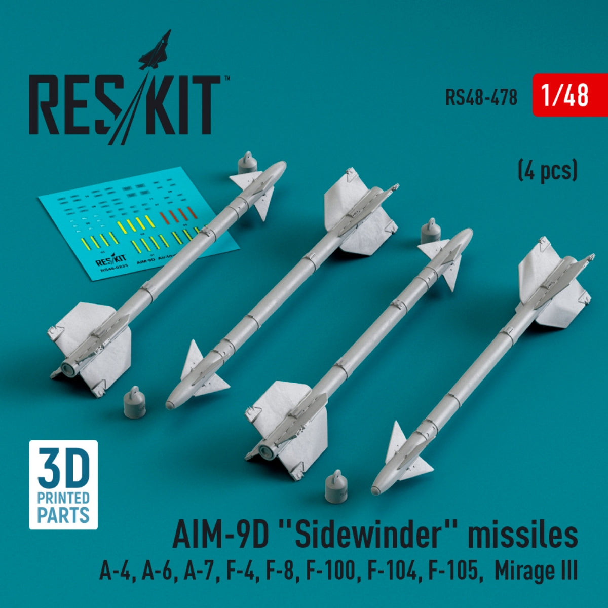 RESKIT RS48-0478 AIM-9D "Sidewinder" missiles (4 pcs) (3D Printed) 1/48