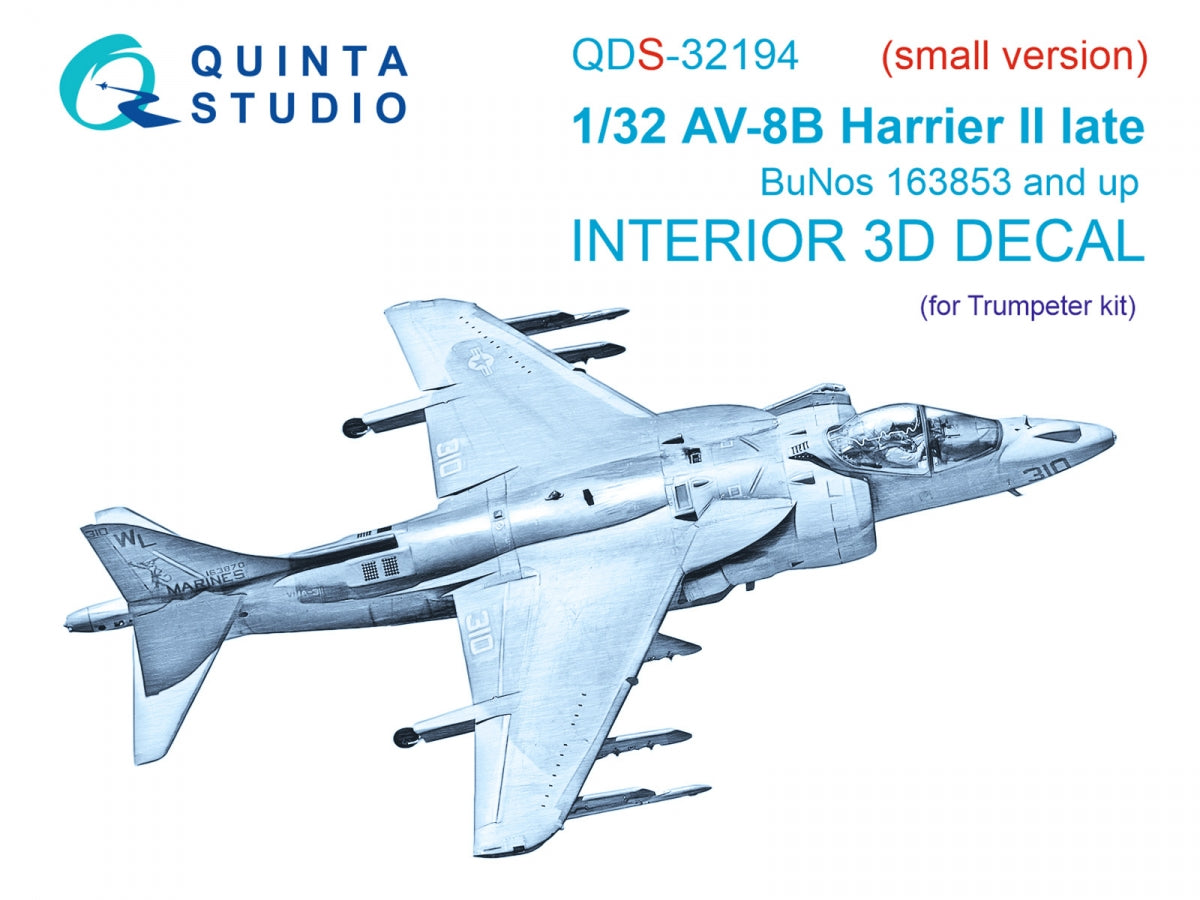 Quinta Studio QDS-32194 AV-8B Harrier II late 3D-Printed &amp; colored Interior on decal paper (Trumpeter) (small version) 1/32