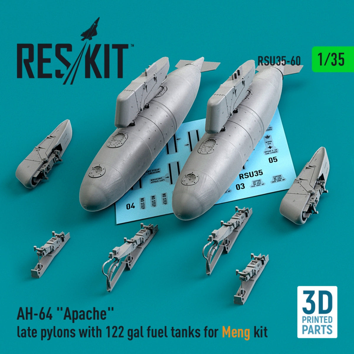RESKIT RSU35-0060 AH-64 « APACHE » PYLÔNES TARDIFS AVEC RÉSERVOIRS DE CARBURANT DE 122 GAL POUR MAQUETTE MENG (IMPRIMÉ EN 3D) 1/35
