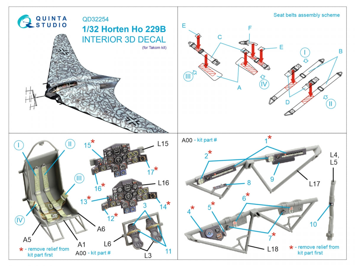 Quinta Studio QD32254 Horten Ho 229B 3D-Printed &amp;amp; coloured Interior on decal paper (Takom) 1/32 – Bild 10