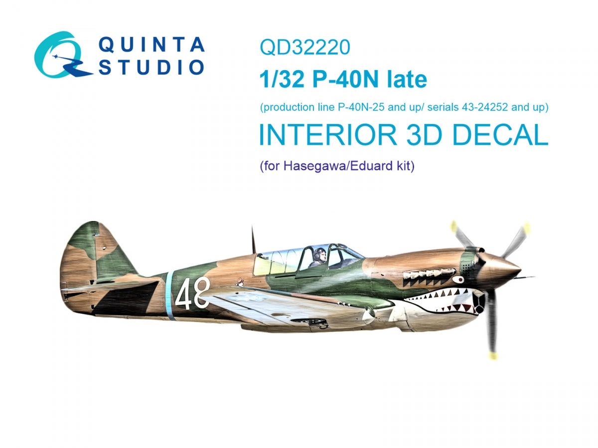 Quinta Studio QD32220 P-40N late 3D-Printed coloured Interior on decal paper (Hasegawa/Eduard) 1/32