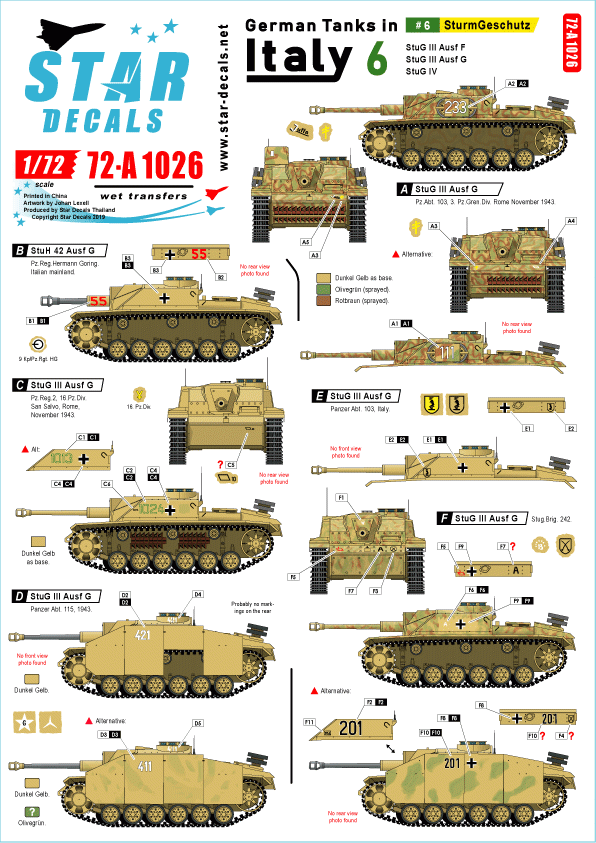Star Decals 72-A1026 Chars allemands en Italie # 6. Sturmgeschutz. 1/72