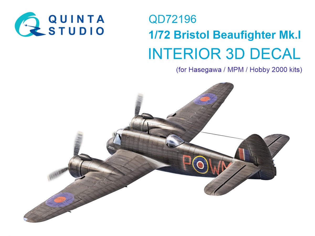 Quinta Studio QD72196 Bristol Beaufighter Mk.I 3D-Printed colored Interior on decal paper (Hasegawa/MPM/Hobby2000) 1/72