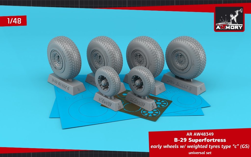 Armory Models AW48349 B-29 Superfortress early production wheels w/ weighted tyres type “c” (GS) &amp;amp; PE hubcaps 1/48