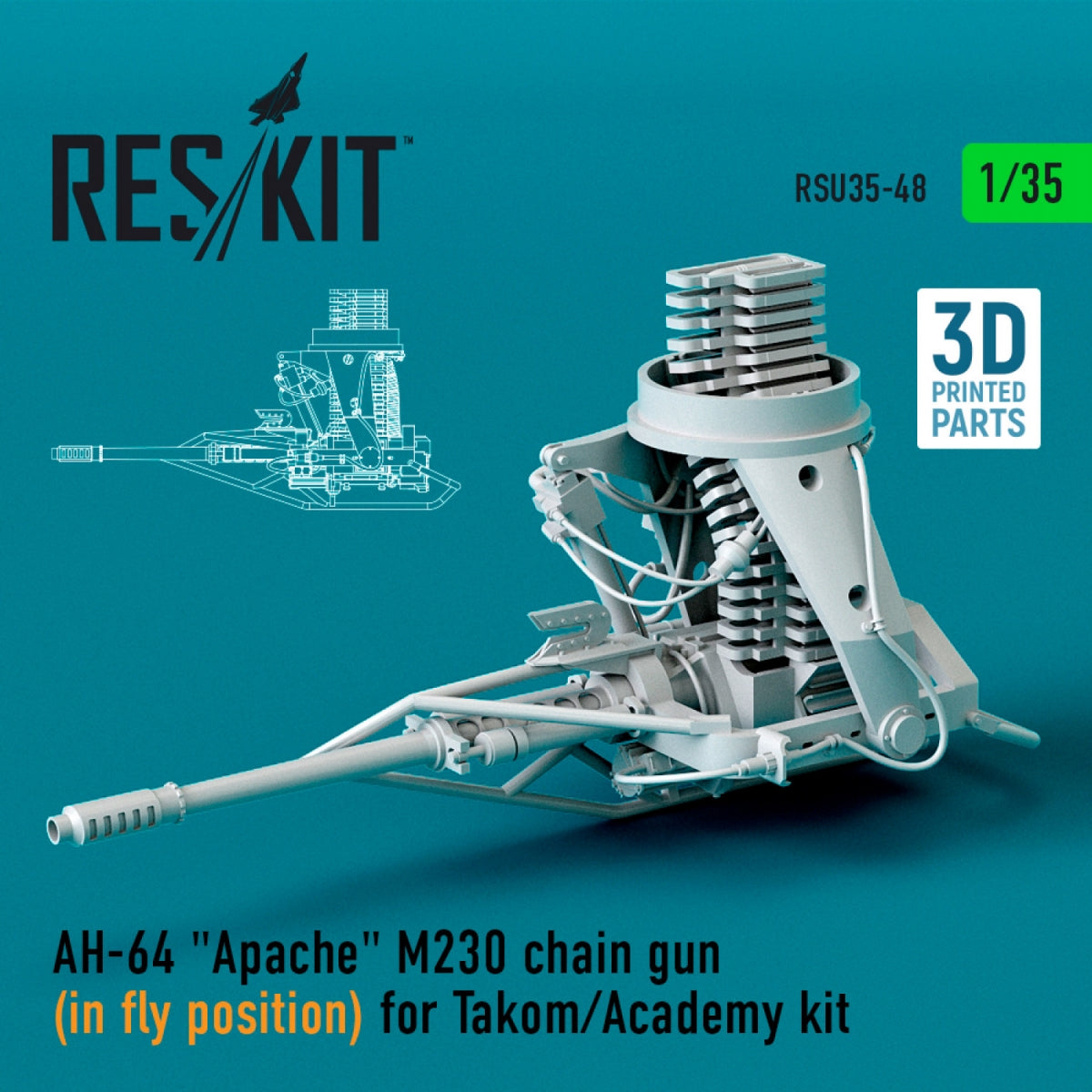 RESKIT RSU35-0048 AH-64 &amp;quot;APACHE&amp;quot; M230 CHAIN GUN (IN FLY POSITION) FOR TAKOM/ACADEMY KIT (3D PRINTED) 1/35