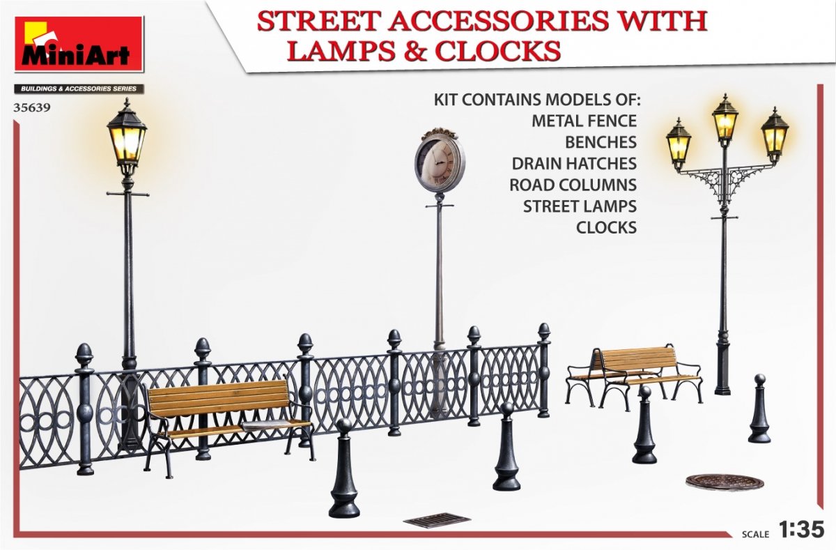 MiniArt 35639 STREET ACCESSORIES WITH LAMPS &amp;amp; CLOCKS 1/35 – imagen 4