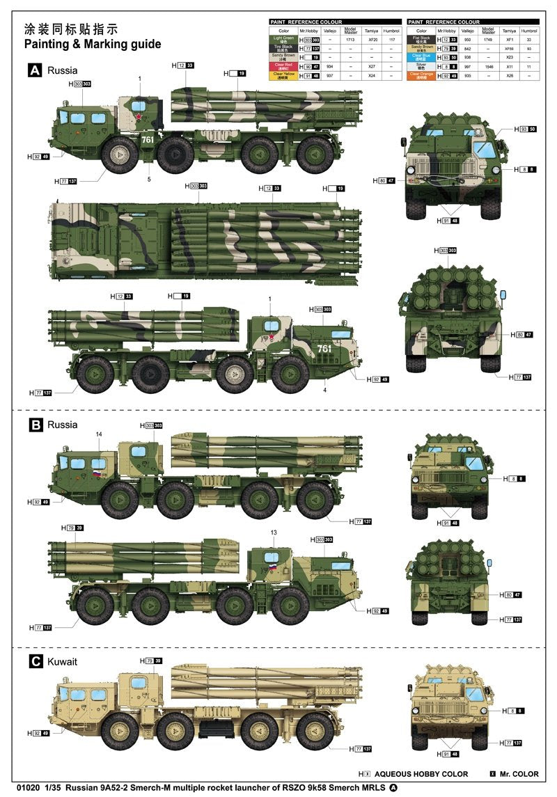 Trumpeter 01020 Russian 9A52-2 Smerch M multiple rocket launcher of RSZO 9k58 Smerch MRLS – imagen 4