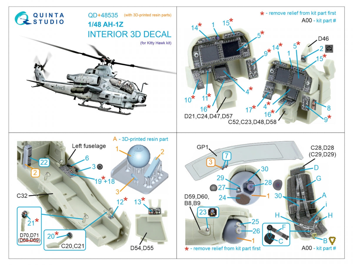 Quinta Studio QD+48535 AH-1Z Zulu Cobra/Viper 3D-Printed &amp;amp; coloured Interior on decal paper (KittyHawk) (with 3D-printed resin parts) 1/48 – immagine 13