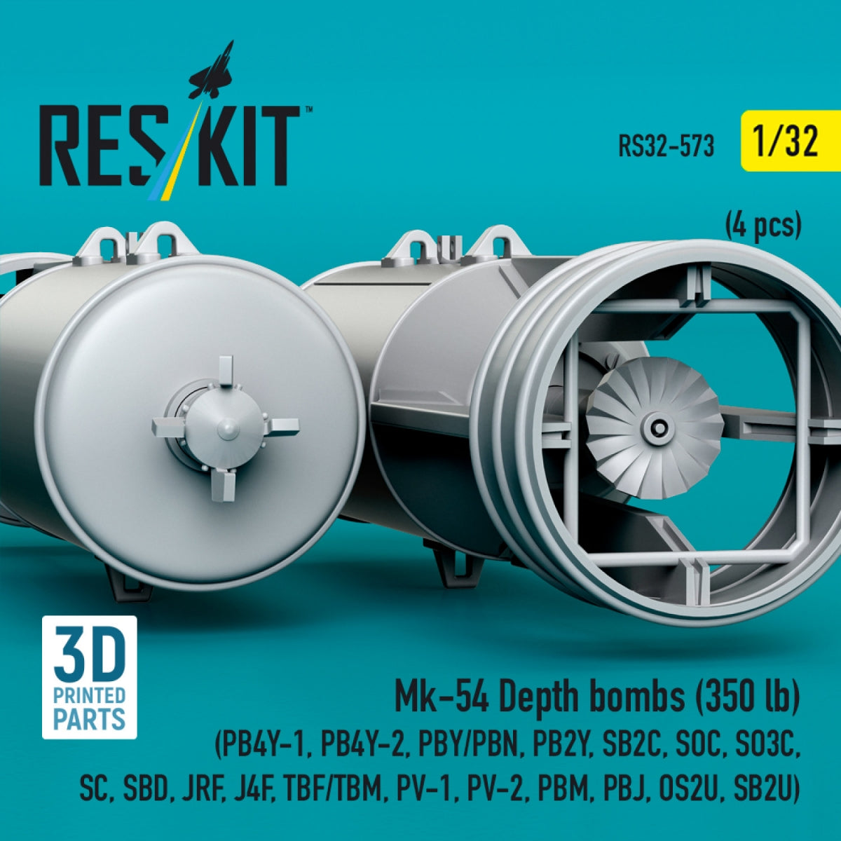 RESKIT RS32-0573 Mk-54 Depth bombs (350 lb) (4 pcs) (PB4Y-1, PB4Y-2, PBY/PBN, PB2Y, SB2C, SOC, SO3C, SC, SBD, JRF, J4F, TBF/TBM, PV-1, PV-2, PBM, PBJ, OS2U, SB2U) (3D Printed) 1/32